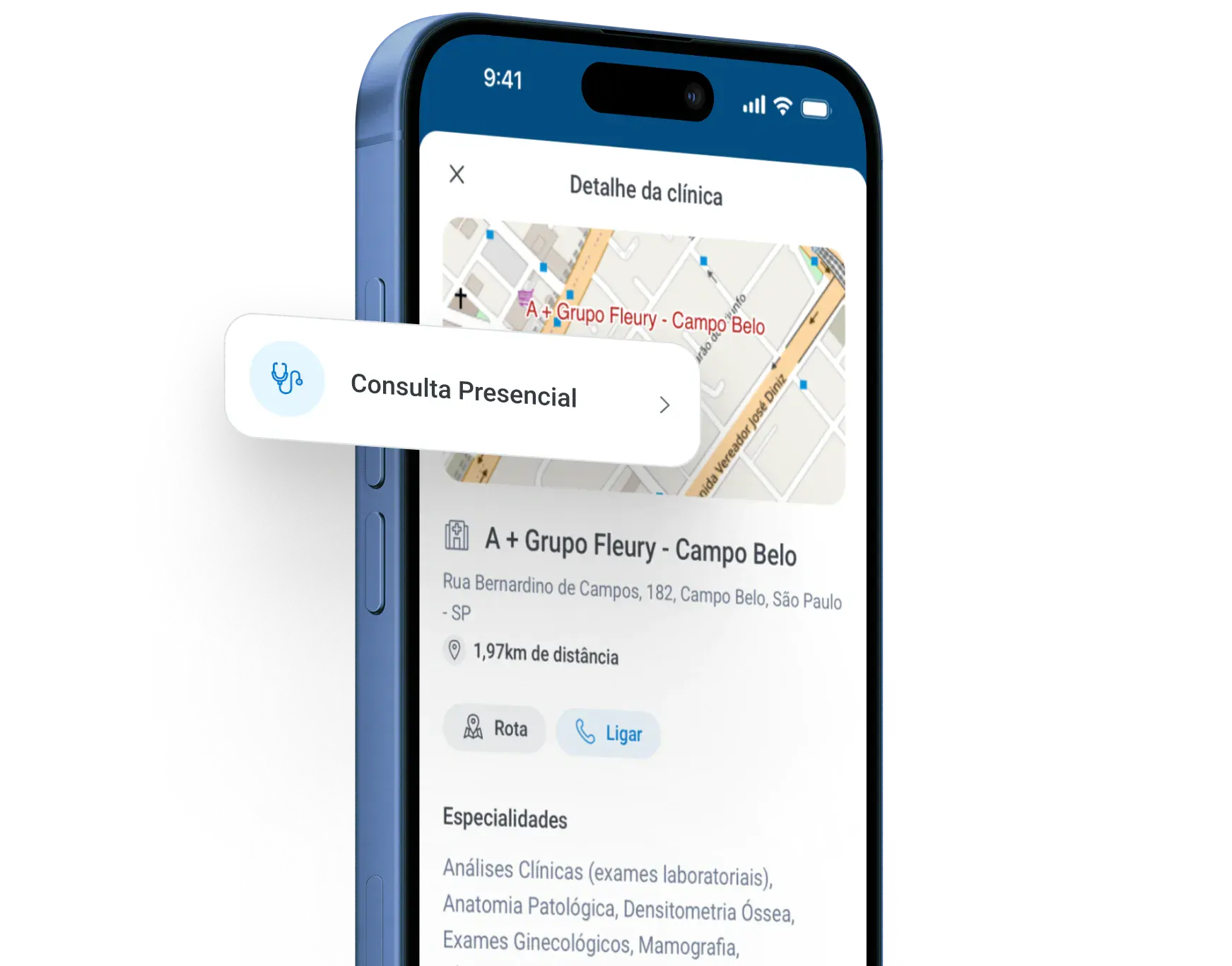 Tela de smartphone exibindo aplicativo com detalhes da clínica A+ Grupo Fleury – Campo Belo, incluindo endereço, distância, botão para rota, botão para ligar e lista de especialidades médicas.